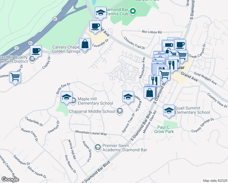 map of restaurants, bars, coffee shops, grocery stores, and more near 1308 Desert Willow Lane in Diamond Bar