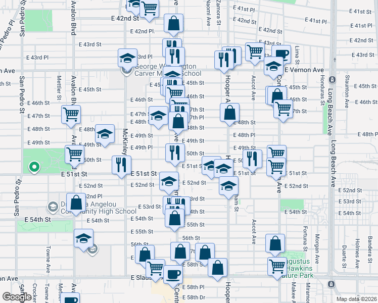 map of restaurants, bars, coffee shops, grocery stores, and more near 1141 East 50th Street in Los Angeles
