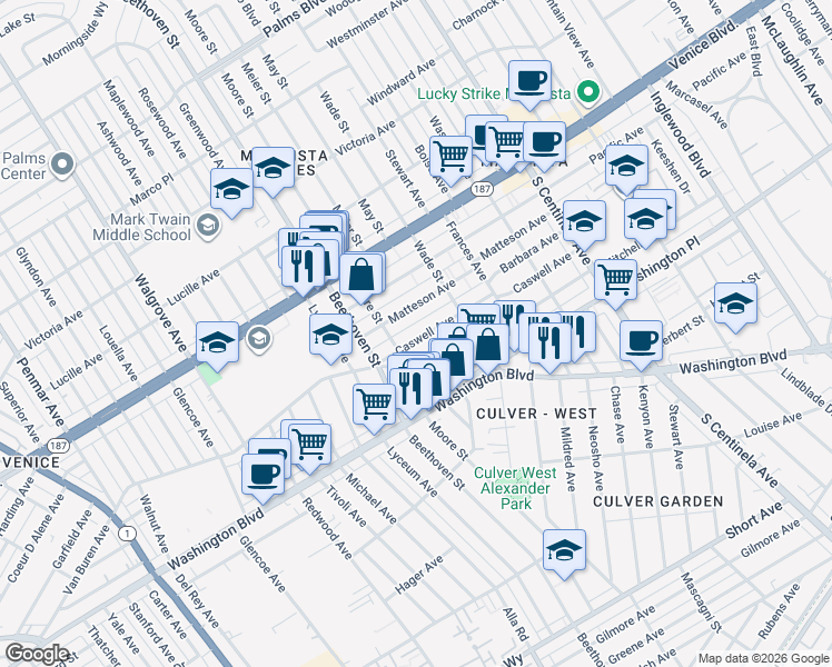 map of restaurants, bars, coffee shops, grocery stores, and more near 3939 Moore Street in Los Angeles