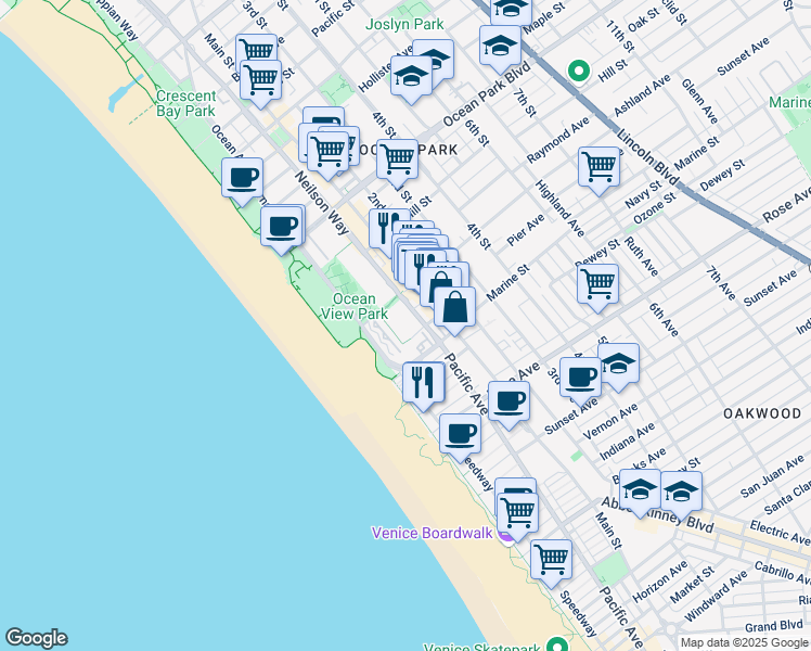 map of restaurants, bars, coffee shops, grocery stores, and more near 2950 Neilson Way in Santa Monica