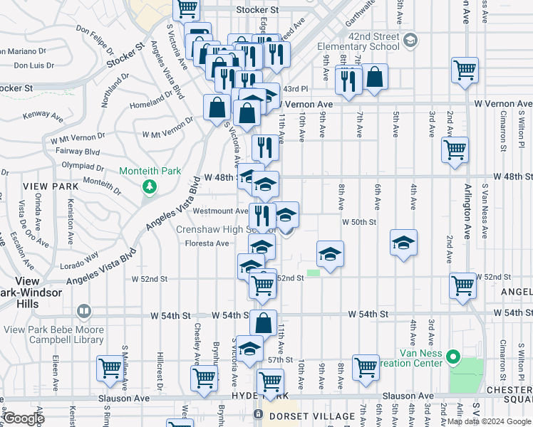 map of restaurants, bars, coffee shops, grocery stores, and more near 4924 Crenshaw Boulevard in Los Angeles