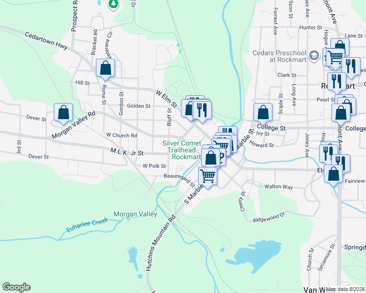 map of restaurants, bars, coffee shops, grocery stores, and more near 219 Church Street in Rockmart