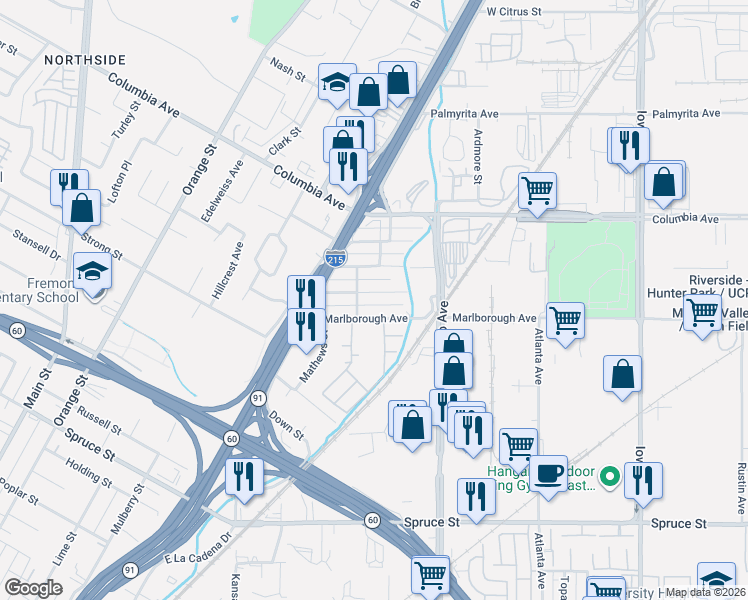 map of restaurants, bars, coffee shops, grocery stores, and more near 1940 Marlborough Avenue in Riverside