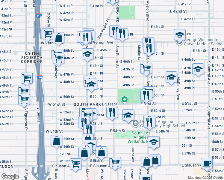 map of restaurants, bars, coffee shops, grocery stores, and more near 299 East 50th Street in Los Angeles
