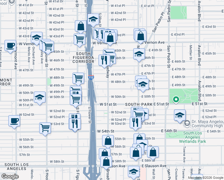 map of restaurants, bars, coffee shops, grocery stores, and more near 253 West 50th Street in Los Angeles