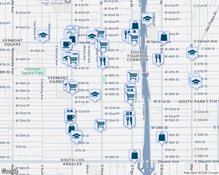 map of restaurants, bars, coffee shops, grocery stores, and more near 635 West 50th Street in Los Angeles