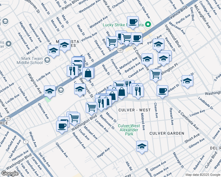 map of restaurants, bars, coffee shops, grocery stores, and more near 12751 Mitchell Avenue in Los Angeles