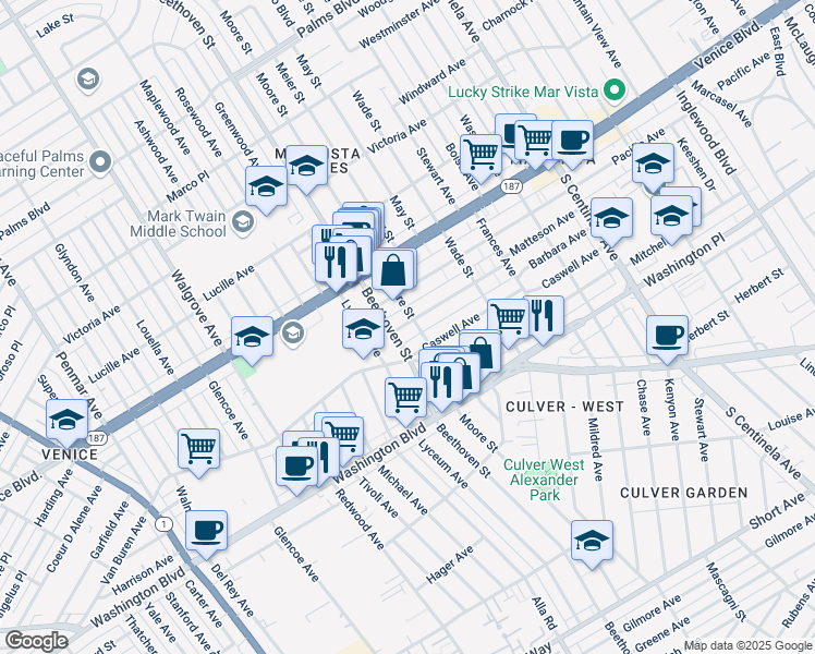 map of restaurants, bars, coffee shops, grocery stores, and more near 3913 Beethoven Street in Los Angeles