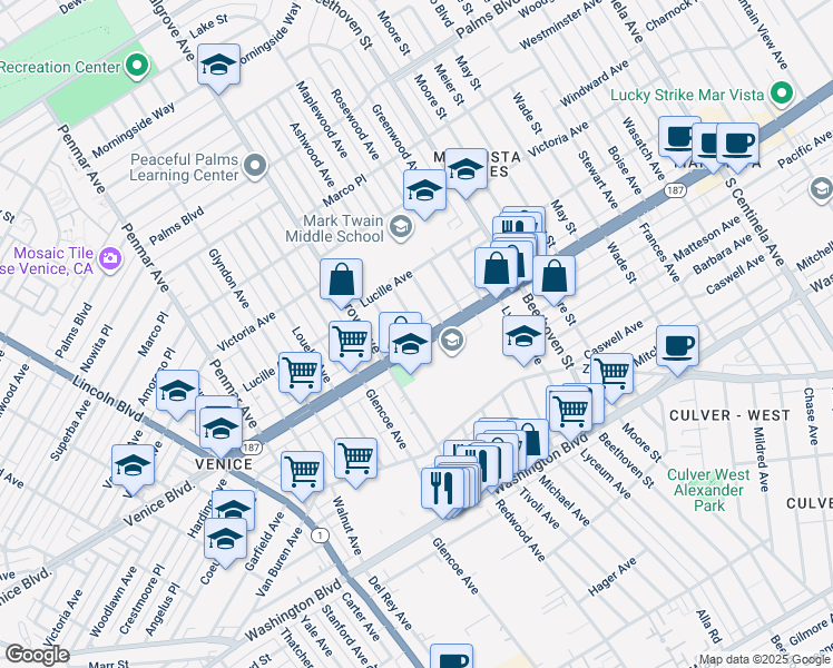map of restaurants, bars, coffee shops, grocery stores, and more near 13000 Venice Boulevard in Los Angeles