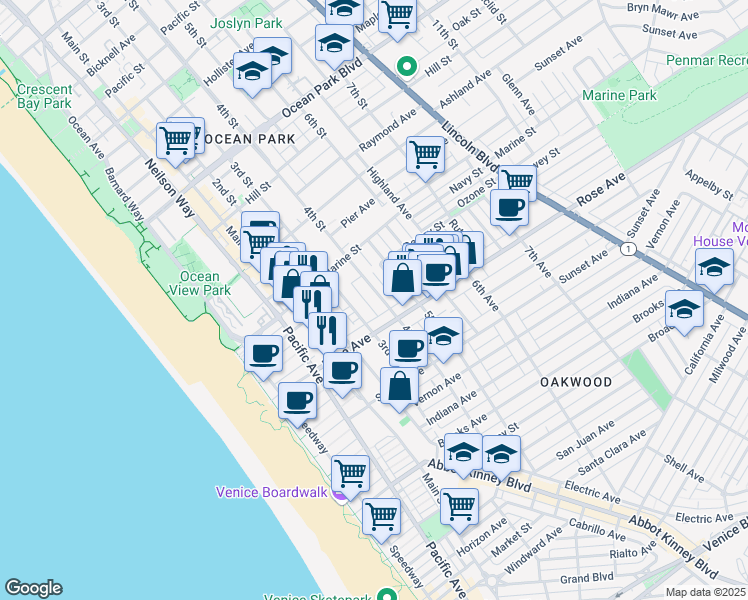 map of restaurants, bars, coffee shops, grocery stores, and more near 345 Rose Avenue in Los Angeles