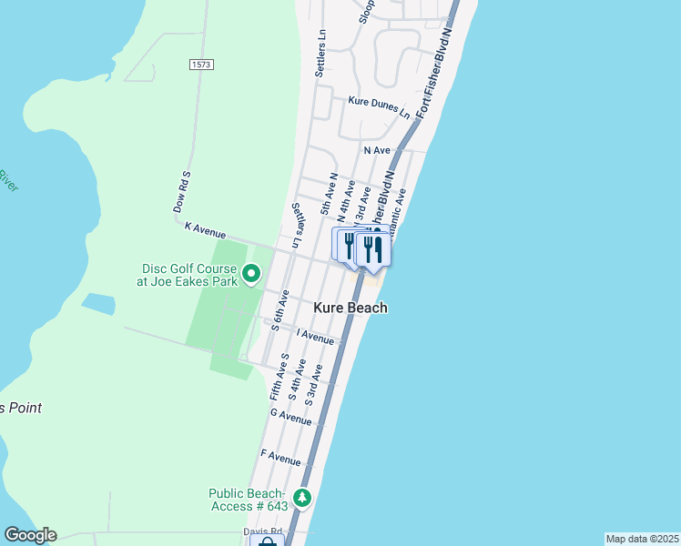 map of restaurants, bars, coffee shops, grocery stores, and more near in Kure Beach