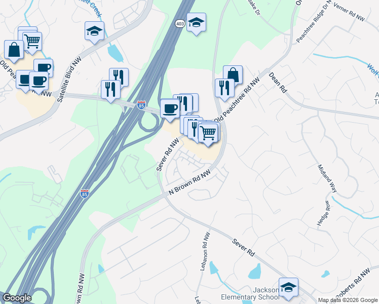 map of restaurants, bars, coffee shops, grocery stores, and more near 2378 Gallard Street in Lawrenceville