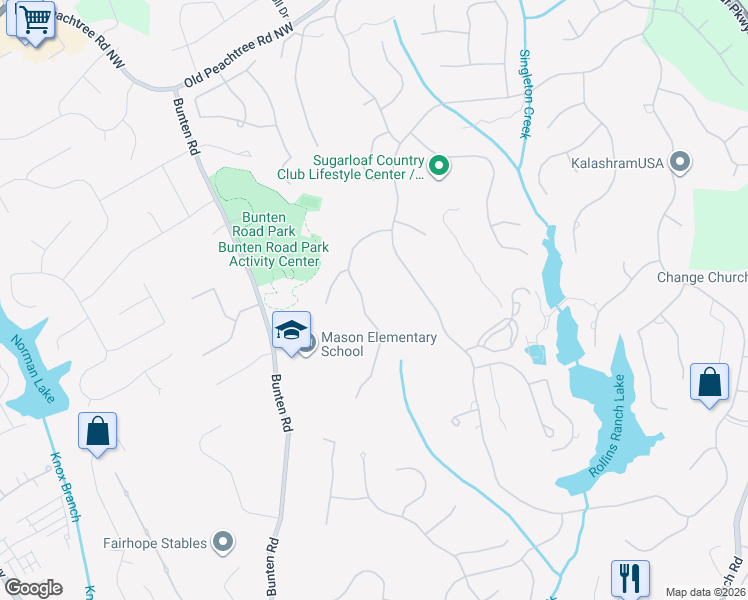 map of restaurants, bars, coffee shops, grocery stores, and more near 2828 Major Ridge Trail in Duluth