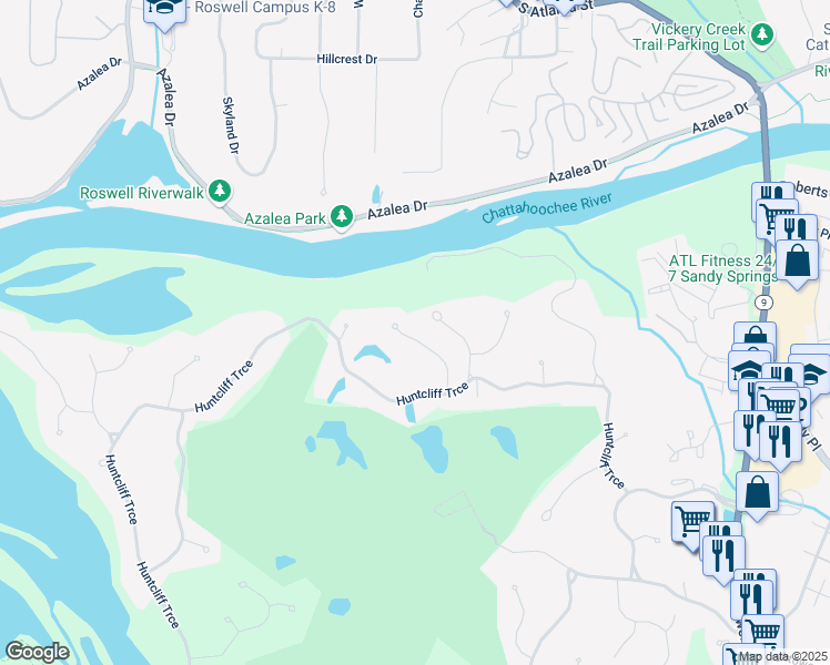 map of restaurants, bars, coffee shops, grocery stores, and more near 8905 Huntcliff Lake Court Northeast in Atlanta