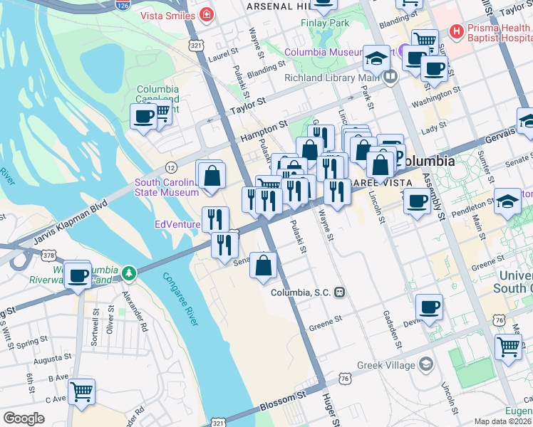 map of restaurants, bars, coffee shops, grocery stores, and more near 501 Gervais Street in Columbia
