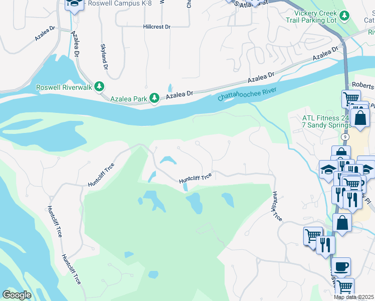map of restaurants, bars, coffee shops, grocery stores, and more near 8905 Huntcliff Lake Court Northeast in Atlanta