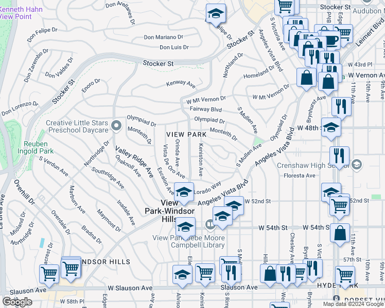 map of restaurants, bars, coffee shops, grocery stores, and more near 4884 Presidio Drive in View Park-Windsor Hills