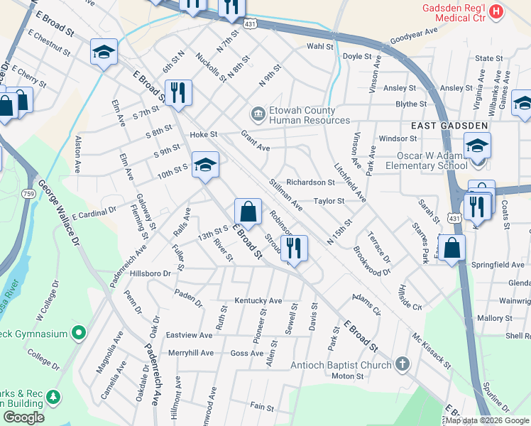 map of restaurants, bars, coffee shops, grocery stores, and more near 1306 Stroud Avenue in Gadsden