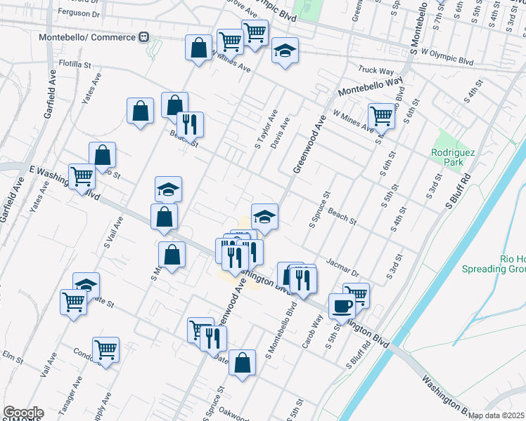 map of restaurants, bars, coffee shops, grocery stores, and more near 841 South Greenwood Avenue in Montebello