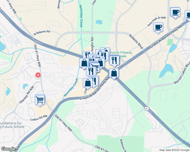 map of restaurants, bars, coffee shops, grocery stores, and more near 1300 Ernest W Barrett Parkway Northwest in Kennesaw