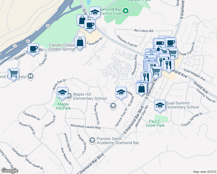 map of restaurants, bars, coffee shops, grocery stores, and more near 1308 Desert Willow Lane in Diamond Bar
