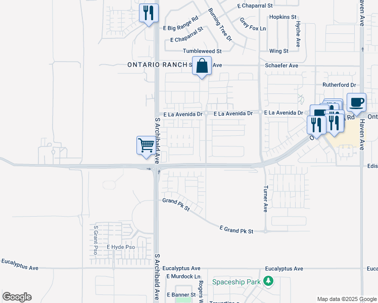 map of restaurants, bars, coffee shops, grocery stores, and more near 2845 East Berry Loop Privado in Ontario