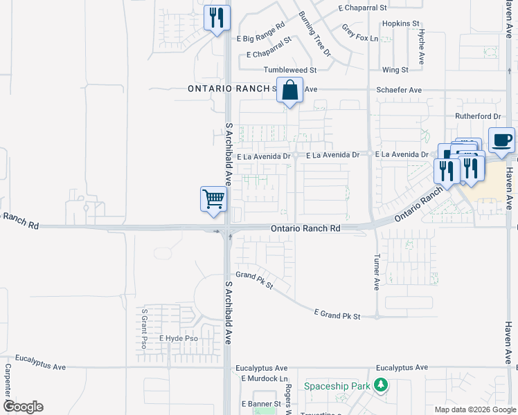 map of restaurants, bars, coffee shops, grocery stores, and more near 2815 East Berry Loop Privado in Ontario