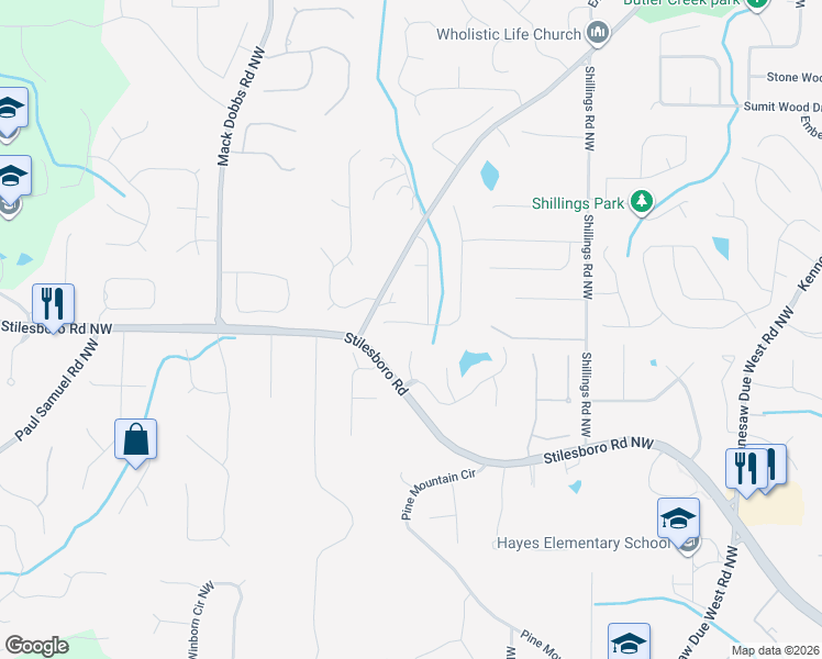 map of restaurants, bars, coffee shops, grocery stores, and more near 1940 Cobblewood Drive Northwest in Kennesaw
