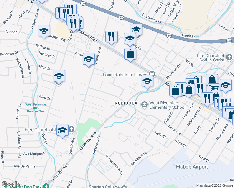 map of restaurants, bars, coffee shops, grocery stores, and more near 42nd Street in Jurupa Valley