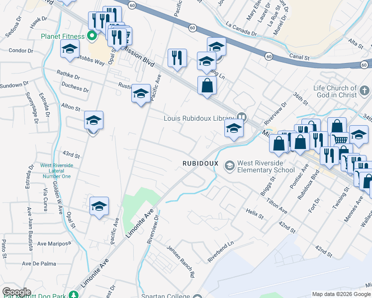 map of restaurants, bars, coffee shops, grocery stores, and more near 5840 42nd Street in Riverside