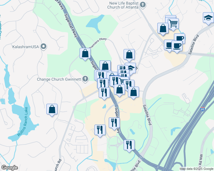 map of restaurants, bars, coffee shops, grocery stores, and more near Sugarloaf Pkwy & Meadow Church Rd NW in Duluth
