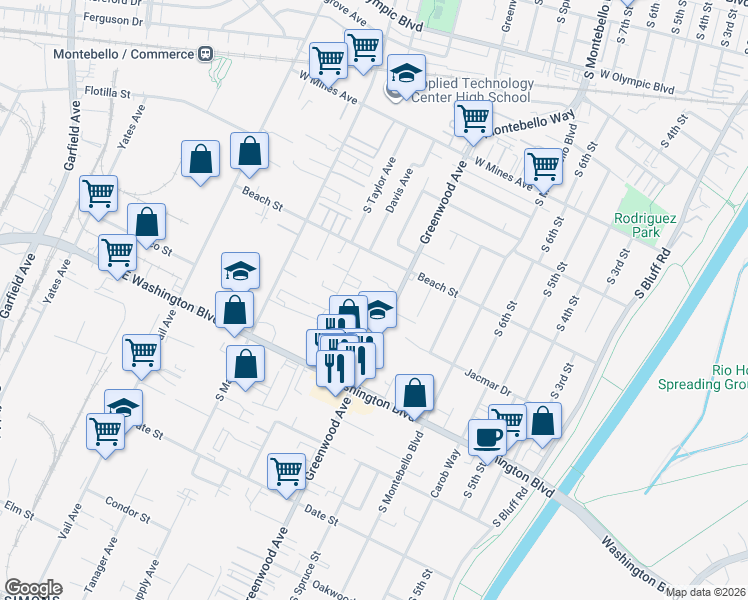 map of restaurants, bars, coffee shops, grocery stores, and more near 841 South Greenwood Avenue in Montebello