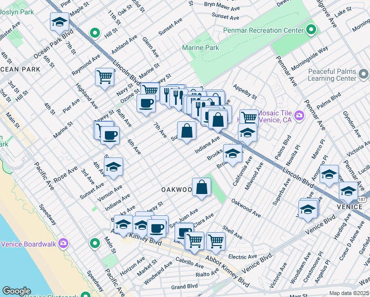 map of restaurants, bars, coffee shops, grocery stores, and more near 719 7th Avenue in Los Angeles