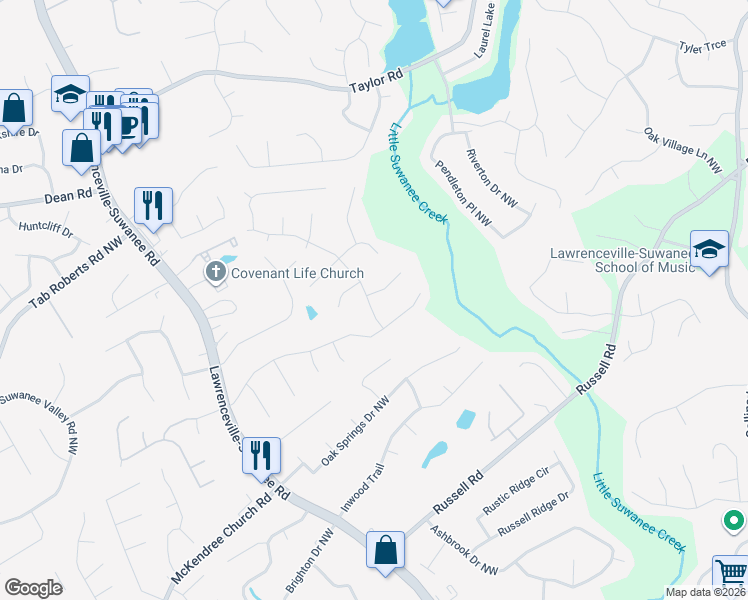 map of restaurants, bars, coffee shops, grocery stores, and more near 1835 Marsh Creek Drive in Lawrenceville