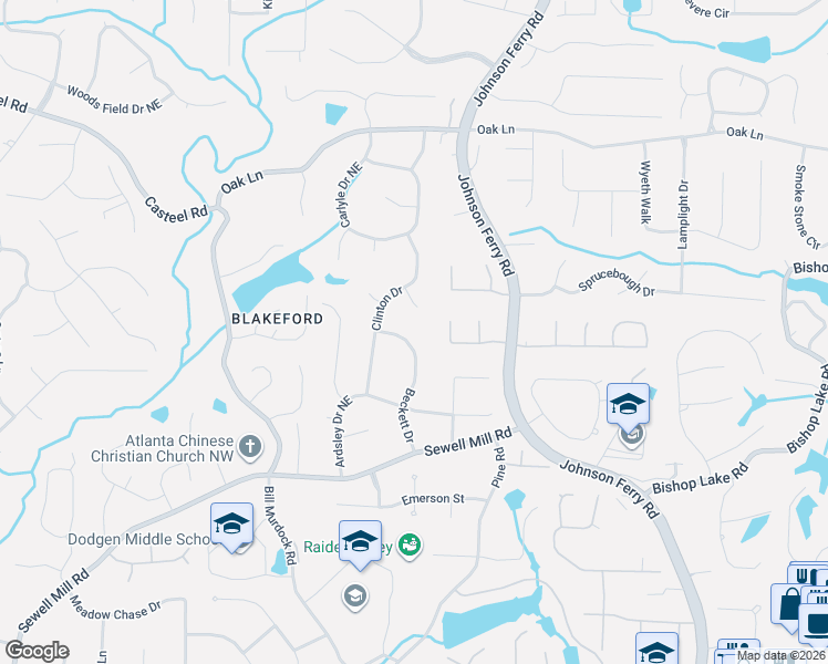 map of restaurants, bars, coffee shops, grocery stores, and more near 3861 West Clinton Court Northeast in Marietta