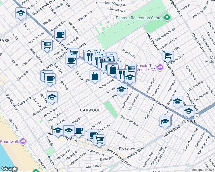 map of restaurants, bars, coffee shops, grocery stores, and more near 804 Vernon Avenue in Los Angeles