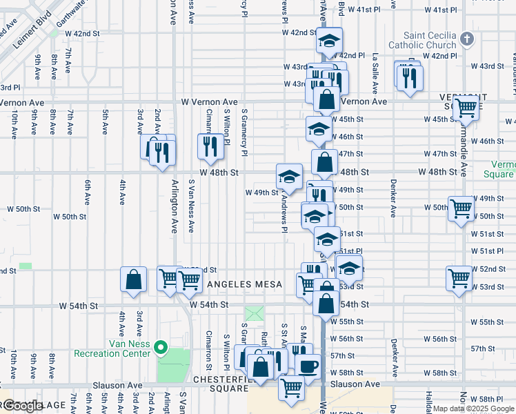 map of restaurants, bars, coffee shops, grocery stores, and more near 1832 West 49th Street in Los Angeles