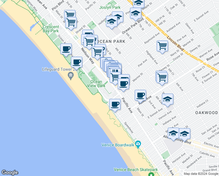map of restaurants, bars, coffee shops, grocery stores, and more near 2920 Neilson Way in Santa Monica