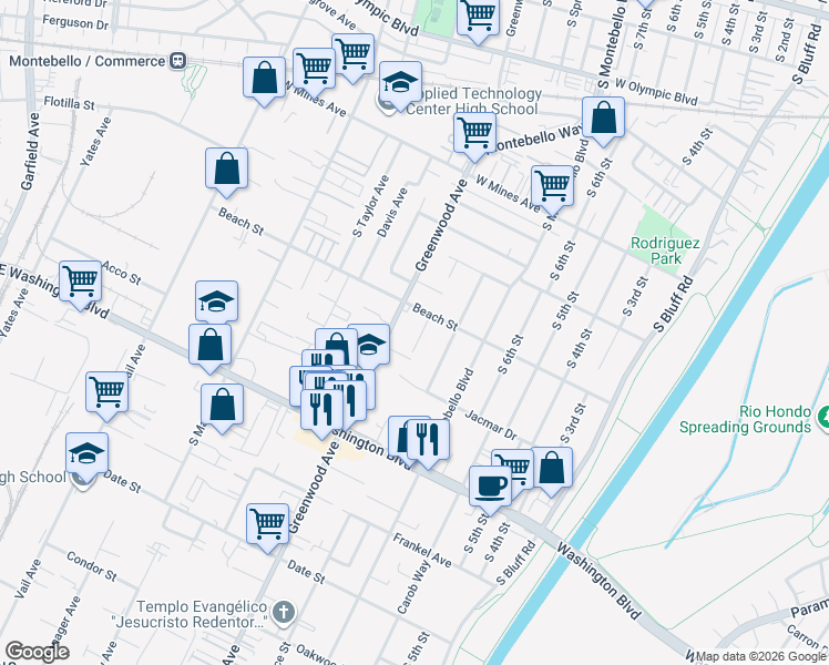 map of restaurants, bars, coffee shops, grocery stores, and more near 1004 Beach Street in Montebello