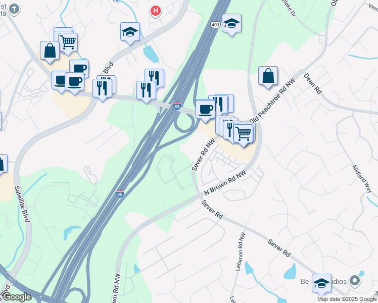 map of restaurants, bars, coffee shops, grocery stores, and more near 2530 Sever Road in Lawrenceville