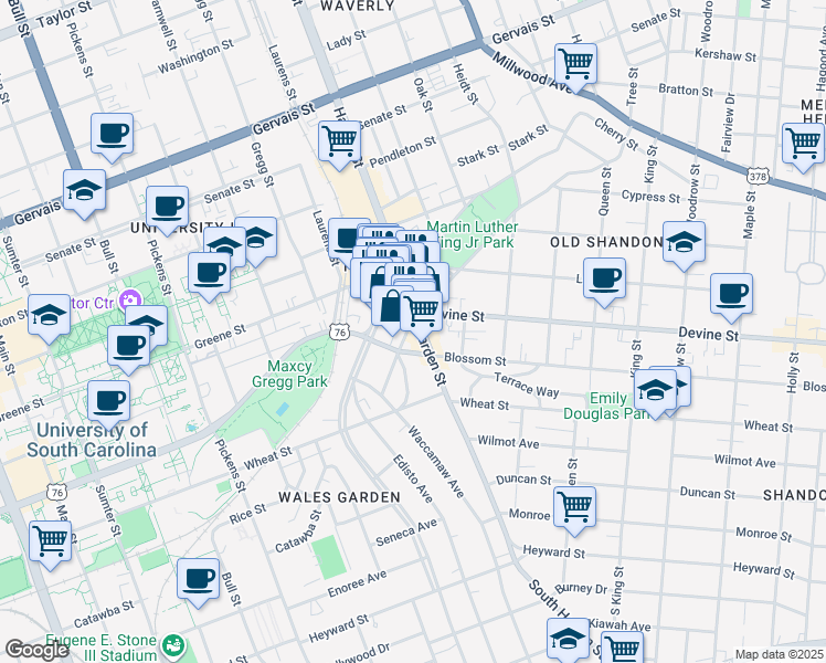 map of restaurants, bars, coffee shops, grocery stores, and more near 707 Harden Street in Columbia