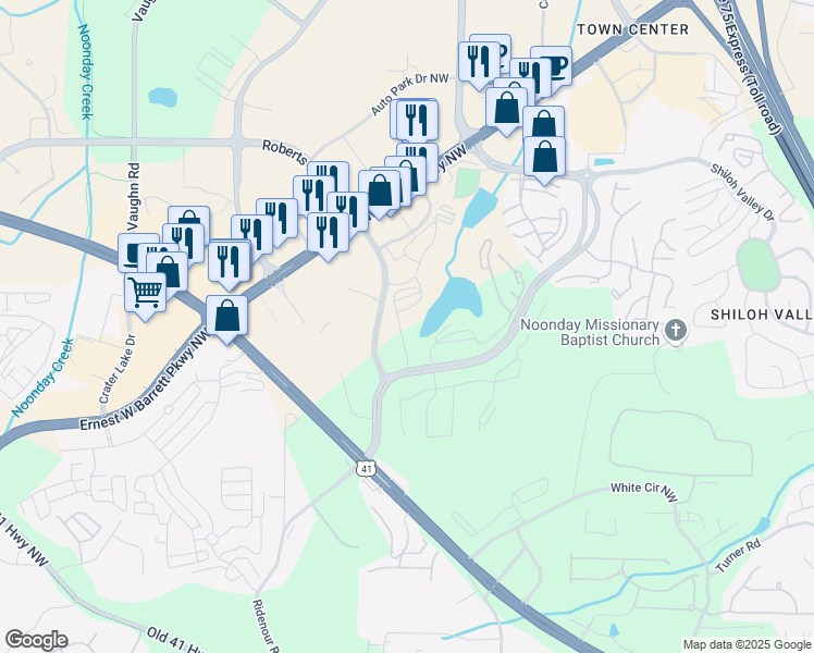 map of restaurants, bars, coffee shops, grocery stores, and more near 1701 Barrett Lakes Boulevard in Kennesaw
