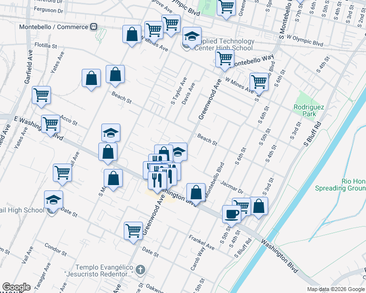 map of restaurants, bars, coffee shops, grocery stores, and more near 809 South Greenwood Avenue in Montebello