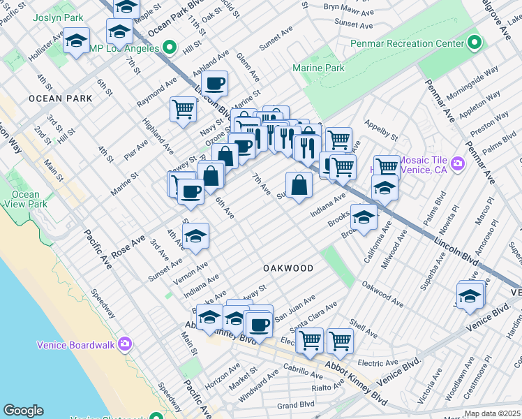map of restaurants, bars, coffee shops, grocery stores, and more near Sunset Avenue in Los Angeles County
