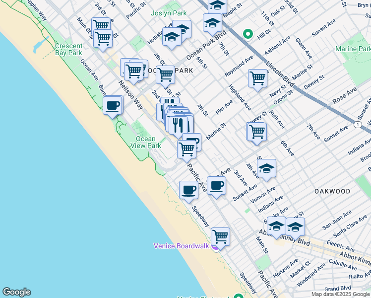 map of restaurants, bars, coffee shops, grocery stores, and more near in Santa Monica