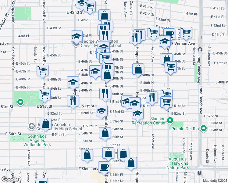 map of restaurants, bars, coffee shops, grocery stores, and more near 1143 East 49th Street in Los Angeles