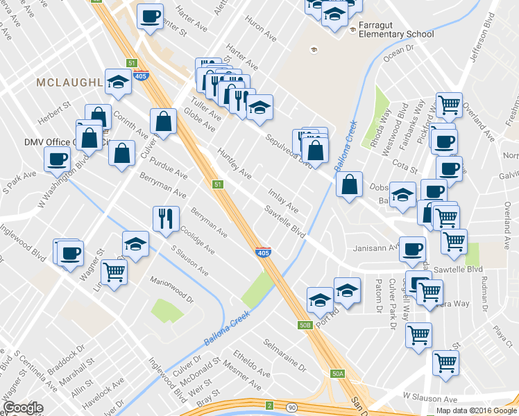 map of restaurants, bars, coffee shops, grocery stores, and more near 4820 Sawtelle Boulevard in Culver City