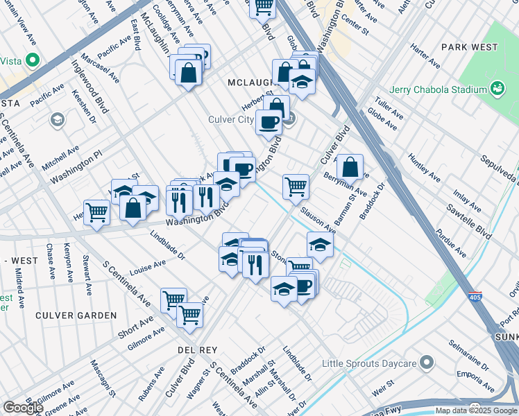 map of restaurants, bars, coffee shops, grocery stores, and more near 11737 Courtleigh Drive in Los Angeles