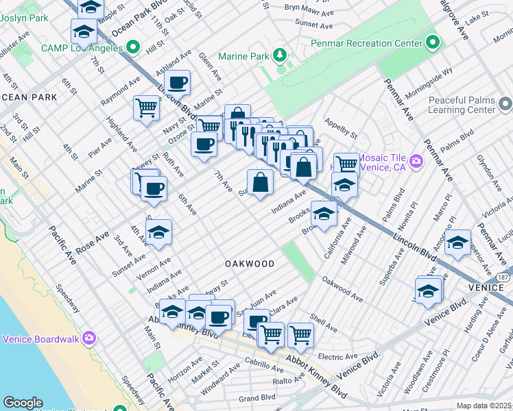 map of restaurants, bars, coffee shops, grocery stores, and more near 736 Sunset Avenue in Los Angeles