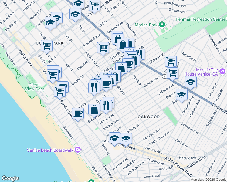 map of restaurants, bars, coffee shops, grocery stores, and more near 535 Rose Avenue in Los Angeles